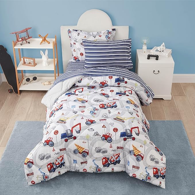 Truck Twin Comforter Set for Boys, 5 Pieces Kids Bedroom Bedding Set with Sheets and Pillowcase, Super Soft Lightweight for All Seasons, Car, Machine Washable