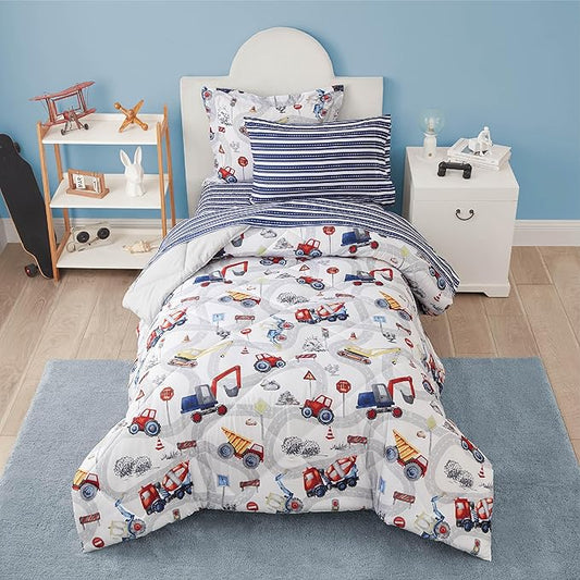 Truck Twin Comforter Set for Boys, 5 Pieces Kids Bedroom Bedding Set with Sheets and Pillowcase, Super Soft Lightweight for All Seasons, Car, Machine Washable