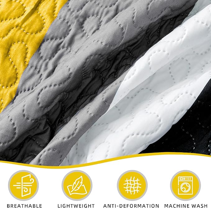 3 Piece Yellow Grey Quilt Set Full/Queen Size Yellow Gray White Geometric Reversible Bedding Set Microfiber Lightweight Bedspread Coverlet with 2 Shams Modern Bed Cover for All Season, 90''x96''