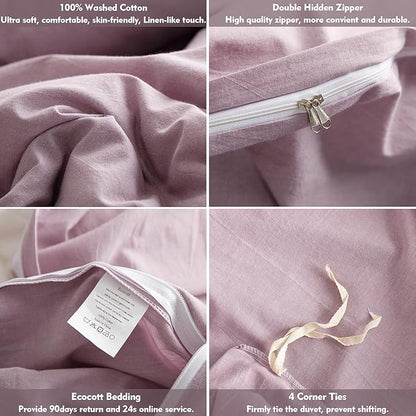 ECOCOTT Light Purple Duvet Cover Queen Size - 100% Washed Cotton Durable Soft Comfy Duvet Cover Set, 3 Pieces Duvet Cover with Zipper Closure (Light Purple, 90''x90'')
