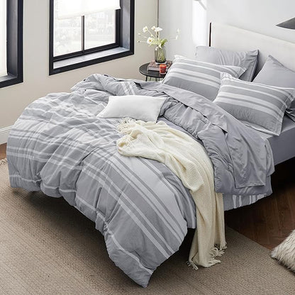 Bedsure King Comforter Set 7 Pieces, Grey Striped Bedding Set for All Seasons, Reversible, Cationic Dyeing Bed in a Bag with Comforter, Sheets, Pillowcases & Shams