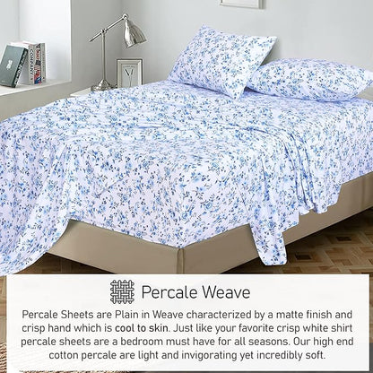 RUVANTI 100% Cotton Sheets – Full Size Percale Bedding, Cooling & Breathable Floral Design, Durable with a Crisp, Soft & Comfortable Feel, 16" Deep Pocket, 4-Piece Set, Annual