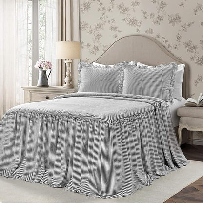 Lush Decor Ticking Stripe Bedspread Full Size 3 Piece Set Black - Ruffle Bedding Set Full Bedspreads - Kids Bedding - Farmhouse & Coquette Decor
