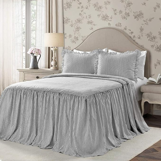 Lush Decor Ticking Stripe Bedspread King Size 3 Piece Set Black - Ruffle Bedding Set King Bedspreads - Striped Bedding - Farmhouse & Coquette Decor