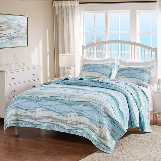 Greenland Home Maui Embroidered Coastal Quilt Set, King/California King (3-Piece)