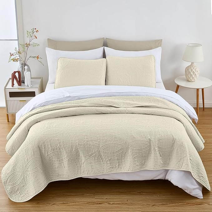 Chezmoi Collection Austin 3-piece Oversized Bedspread Coverlet Set (Queen, Ivory) | Oversized, Lightweight, Fade Resistant
