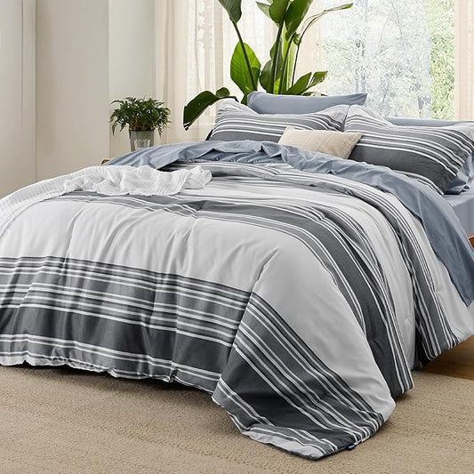 Bedsure King Comforter Set 7 Pieces, Dark Grey Striped Bedding Set for All Seasons, Reversible, Cationic Dyeing Bed in a Bag with Comforter, Sheets, Pillowcases & Shams