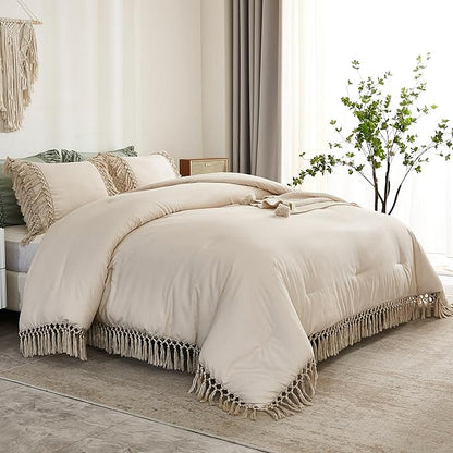 Andency Full Size Comforter Sets Beige, 3 Pieces Boho Bed Comforter Full, Lightweight Tassel Bedding Comforter Set, All Season Bed Set (79x90In Comforter & 2 Pillowcases)