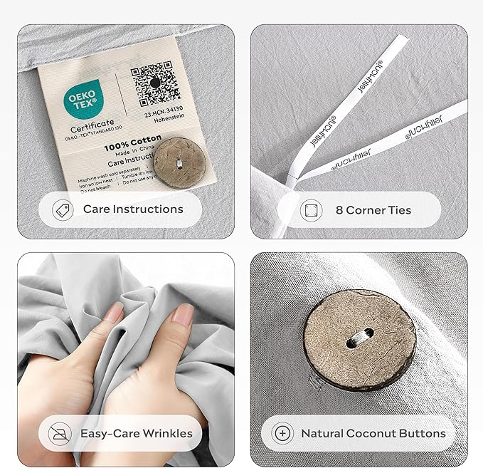 JELLYMONI 100% Washed Cotton Duvet Cover King – Soft, Breathable Linen-Look Bedding with Natural Wrinkle Texture, Button Closure, 3-Piece Set (Pale Grey, 104"x90")
