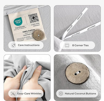 JELLYMONI 100% Washed Cotton Duvet Cover Full – Soft, Breathable Linen-Look Bedding with Natural Wrinkle Texture, Button Closure, 3-Piece Set (Pale Grey, 80"x90")