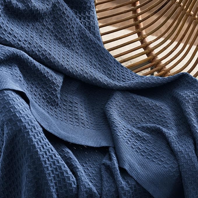 Bedsure Gentlesoft 100% Cotton Blanket King Size for Bed - Cooling Breathable and Soft for Spring Summer, Thick Cozy Waffle Weave Blanket Gifts for Women, Navy, 104x90 inches