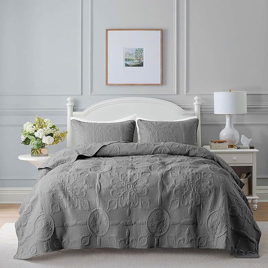 B2EVER Dark Grey Damask Quilt Twin Size Bedding Sets with 1 Pillow Sham, Boho Bedspread Lightweight Soft Farmhouse Vintage Bohemian Coverlet Retro Jacquard Pattern Bed Cover for All Season, 2 Pieces