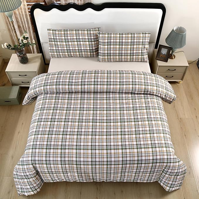 SDIII 3PCS Green Gingham Queen Comforter Set 100% Washed Microfiber Lightweight Green Gingham Bedding Queen Farmhouse Shabby Chic Checkered All Season