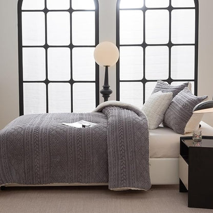 COTTEBED Reversible Sherpa Fluffy Comforter Queen Set, Boho Tufted Bedding Down Blanket Comforter Set, Ultra-Soft Washed Cotton Shabby Plush Fleece Sherpa Thick Warm for Winter Autumn, Grey Full Queen