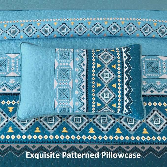 WONGS BEDDING 3 Piece Quilt Set Queen,Boho Teal Bedspread Coverlet Set with Geometry Printed for All Season,Lightweight Morden Bohemian Bedding Set 104"×90"