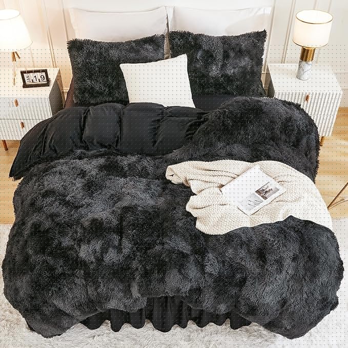 Andency Faux Fur Tie-Dyed Black Grey Comforter Set Full Size, 3 Pieces Fluffy Fuzzy Plush Bedding Comforter Set (1 Shaggy Velvet Comforter & 2 Pillowcases), Soft Puffy Down Comforter Bedding Set