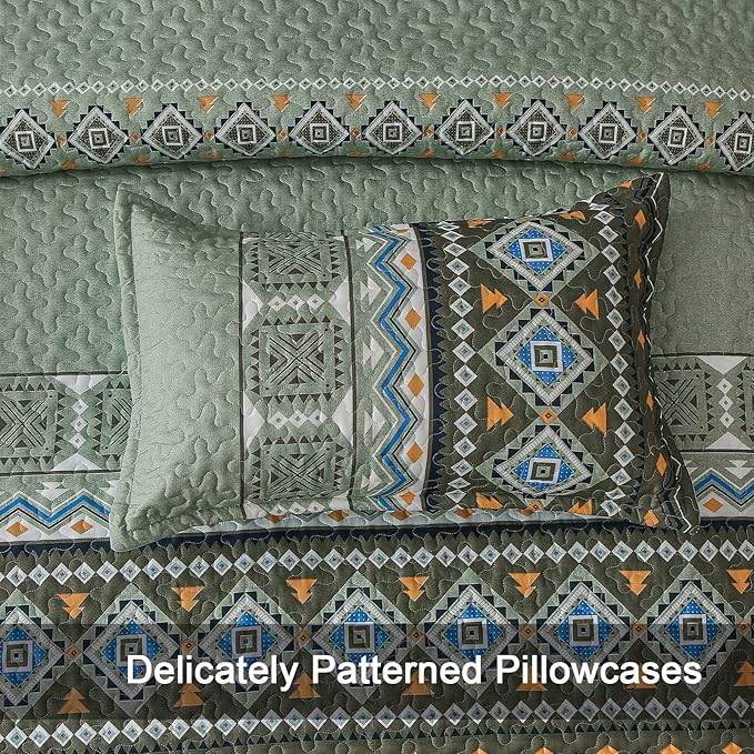 WONGS BEDDING Boho Quilt Set King,3 Piece Olive Green Fall Bedspread Coverlet Set with Geometry Printed for All Season, Lightweight Oversized Bohemian Bedding Set 104"×90"