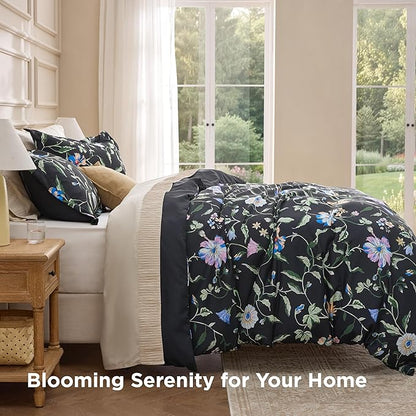 Bedsure Duvet Cover Queen Size - Reversible Black Vine Flowers Duvet Cover Set with Zipper Closure, 3 Pieces Black Bedding Set with 8 Corner Ties and 2 Pillow Shams 20"x26"