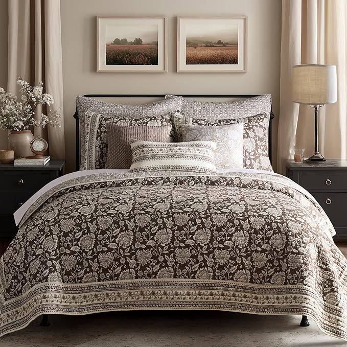 Levtex Home Adare Cocoa Reversible King/Cal King Quilt Set (106x92in) and 2 Pillow Shams (36x20in) - Floral Bedding - Brown Cream - Cotton King Size Quilt Bedding Set - Lightweight, Soft, Pre-Washed