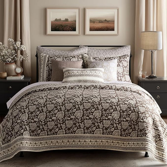 Levtex Home Adare Cocoa Reversible King/Cal King Quilt Set (106x92in) and 2 Pillow Shams (36x20in) - Floral Bedding - Brown Cream - Cotton King Size Quilt Bedding Set - Lightweight, Soft, Pre-Washed