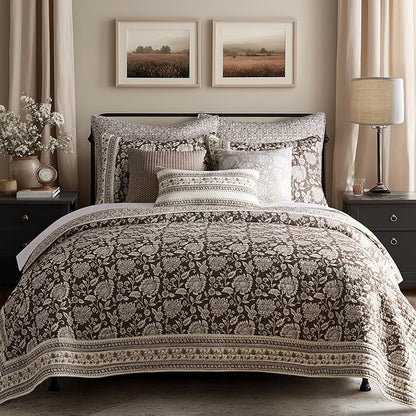 Levtex Home Adare Cocoa Reversible Twin/Twin XL Quilt Set (68x86in) with 1 Pillow Sham (26x20in) - Floral Bedding - Brown Cream - Cotton Twin Size Quilt Bedding Set - Lightweight, Soft, Pre-Washed