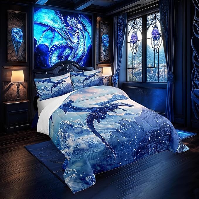 Castle Fairy Flying Dragon Full Size Comforter Set,Snow Mountain Bedding Set for Adults Teens,Children Blue Dragon Comforter Luxury Winter Snow Scenery Quilt Set Room Decor 3Pcs