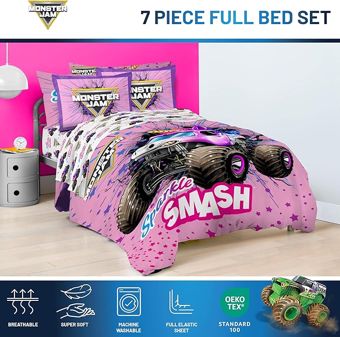 Jay Franco Kids Comforter Set Includes Sheets and Pillow Covers - Soft and Cozy Bed Set for Stylish Room Decor, Pink - Monster Jam, 7 Piece Full Bedding