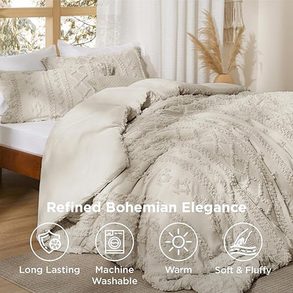 Bedsure Tufted Boho Comforter Set King Size - Linen Boho Bed Set, GentleSoft™ 3 Pieces Farmhouse Shabby Chic Embroidery Bedding, Gifts for Woman, Soft Jacquard King Comforter for All Seasons