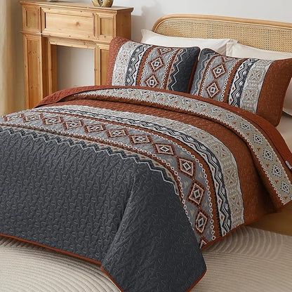 WONGS BEDDING 3 Pieces Quilt Set Queen Size, Burnt Orange Quilt Bedspread Lightweight Bohemian Coverlet Set with 2 Pillowcase, Soft Geometry Printed Bedding Set Queen for All Season 96"×90"