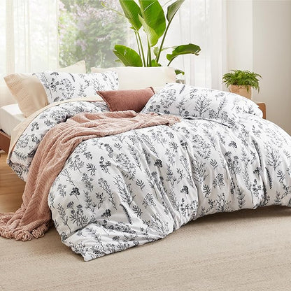 Bedsure Duvet Cover King Size - Reversible White King Duvet Cover Set with Zipper Closure, 3 Pieces Floral Patterned Bedding Set with 8 Corner Ties and 2 Pillow Shams