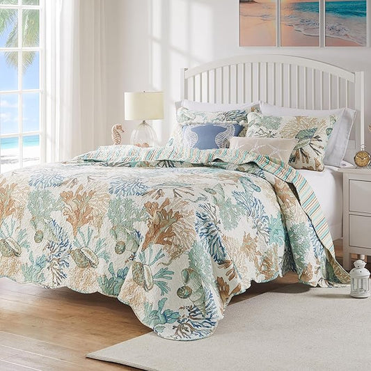 Greenland Home Barefoot Bungalow Atlantis Coastal Quilt Set, 5-Piece King/Cal King, Jade