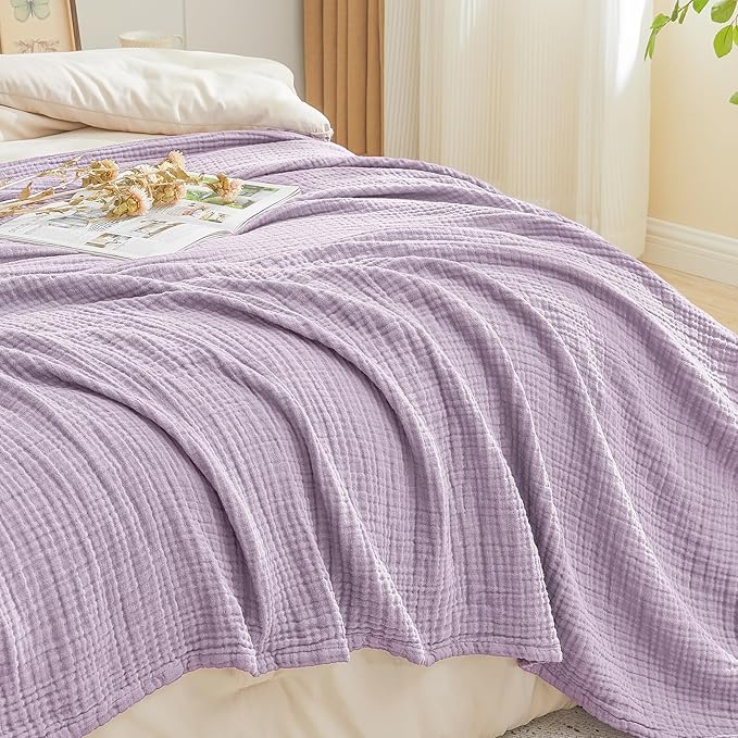 EMME Cotton Muslin Large Throw Blanket Couch Breathable Gauze Soft Lightweight Bed Blankets Adults (Heather Lavender, 50"x70")