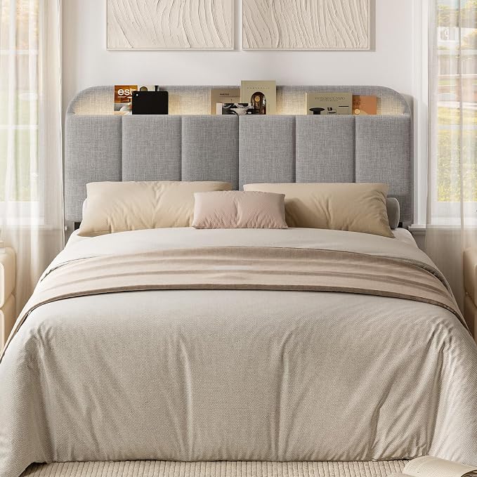 Headboard for Full/Queen Size with LED Light, Upholstered Bed HeadBoard with Storage, Linen Fabric Head Board with Vertical Channel Design, Height Adjustable, Easy to Assemble, Light Grey