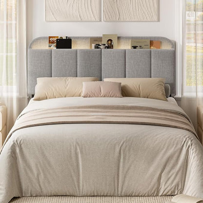 Headboard for Full/Queen Size with LED Light, Upholstered Bed HeadBoard with Storage, Linen Fabric Head Board with Vertical Channel Design, Height Adjustable, Easy to Assemble, Light Grey