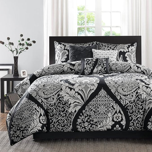 Madison Park Vienna Sateen Cotton Comforter Set, Breathable, Soft Cover, Trendy, All Season Down Alternative Cozy Bedding with Matching Shams, California King, Black 7 Piece