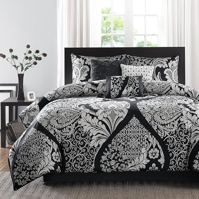 Madison Park Vienna Sateen Cotton Comforter Set, Breathable, Soft Cover, Trendy, All Season Down Alternative Cozy Bedding with Matching Shams, King, Black 7 Piece