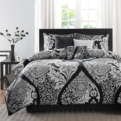 Madison Park Vienna Sateen Cotton Comforter Set, Breathable, Soft Cover, Trendy, All Season Down Alternative Cozy Bedding with Matching Shams, Queen, Black 7 Piece