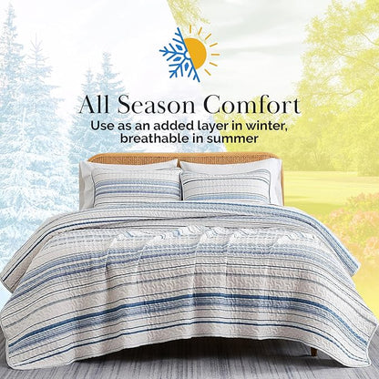 Southshore Fine Living, Inc. Oversized Queen Quilt Set, Striped Blue/White Quilt Bedspread Queen/Full, 3-Piece Coastal Bedding Set with Lightweight Coverlet and Matching Quilted Shams, Blue Stripes