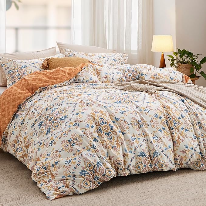 Bedsure Duvet Cover Queen Size - Reversible Floral Duvet Cover Set with Zipper Closure, 3 Pieces Bohemian Orange Bedding Set with 8 Corner Ties and 2 Pillow Shams 20"x26"