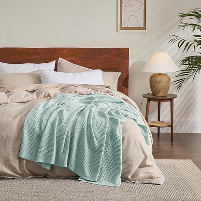 Bedsure Gentlesoft 100% Cotton Blanket Twin XL Size for College Dorm - Cooling Breathable and Soft for Spring Summer, Waffle Weave Twin Blanket for Bed, Dorm Room Essentials, Mint, 66x90 inches