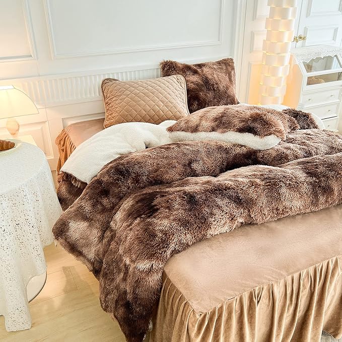 Luxury Faux Fur Shaggy Comforter Set Full/Queen Size, Plush & Sherpa Reversible Comforter Tie Dye Coffee, 3 Pieces Fluffy Fuzzy Bedding Set Ultra Soft and Warm for Winter (1 Comforter + 2 Pillowcases)