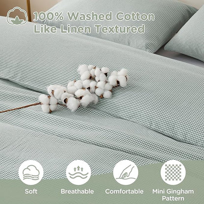 TOCOMOA Mini Gingham Green Duvet Cover Bedding Set 100% Washed Cotton Like Linen Feel Super Soft Comfortable 3 Piece Small Plaid Checkered Comforter Cover Set (Queen 90"x90", Comforter Not Included)