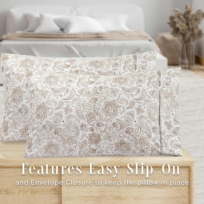 Elegant Comfort Ultra Soft Set of 2 Floral Print Pillowcases - 1500 Premium Hotel Quality Microfiber, Soft and Smooth Envelope Closure 2-Piece Pillow Covers - King, Paisley Taupe