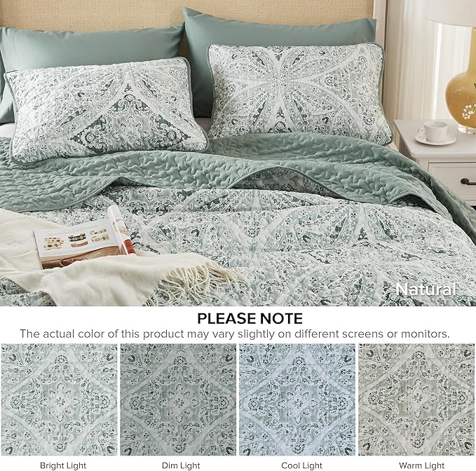 Comfort Spaces Boho Quilt Set King Reversible Vermicelli Quilting King Size Bed, All Season, Lightweight, Coverlet Winter Layer Bedding, Shams, Gloria, King Green 3 Piece