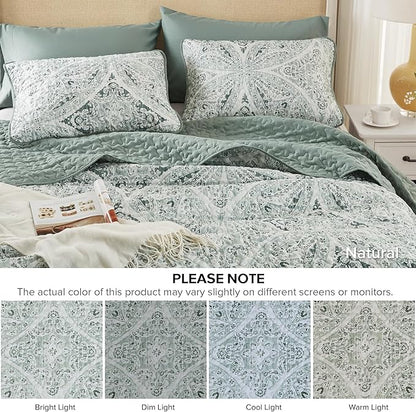 Comfort Spaces Boho Quilt Set King Reversible Vermicelli Quilting King Size Bed, All Season, Lightweight, Coverlet Winter Layer Bedding, Shams, Gloria, King Green 3 Piece