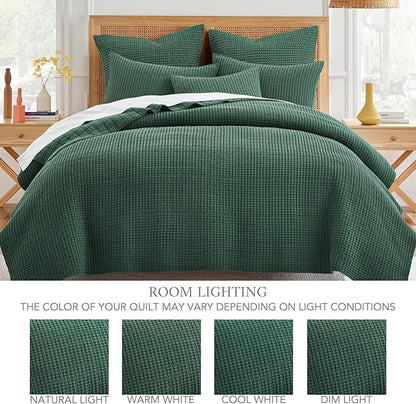 Levtex Home Mills Waffle Queen Bedspread Set (104x106in) with 2 Pillow Shams (26x20in) - Forest Green - 100% Cotton Queen Size Bedspread Set - Lightweight, Soft, Pre-Washed