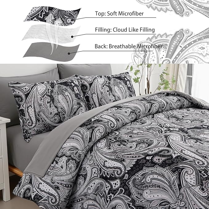 DJY Black Paisley Comforter Set King Size, 7 Piece Bed in a Bag Black Gray Boho Paisley Pattern Comforter Set, Soft Lightweight Microfiber Reversible Bedding Set for All Season (104''x90'')