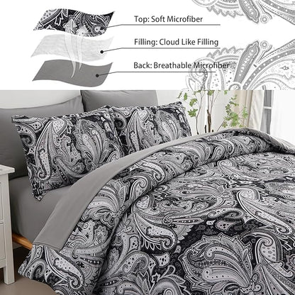 DJY Black Paisley Comforter Set King Size, 7 Piece Bed in a Bag Black Gray Boho Paisley Pattern Comforter Set, Soft Lightweight Microfiber Reversible Bedding Set for All Season (104''x90'')