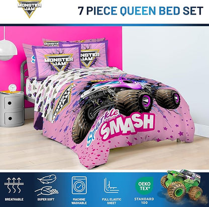 Jay Franco Kids Comforter Set Includes Sheets and Pillow Covers - Soft and Cozy Bed Set for Stylish Room Decor, Pink - Monster Jam, 7 Piece Queen Bedding