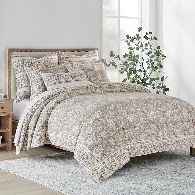 Levtex Home Adare Taupe Reversible Queen Duvet Cover Set (90x94in) with 2 Pillowcases (26x20in) - Floral Bedding - Taupe and White - 100% Cotton Queen Size Duvet Cover Set - Soft, Pre-Washed